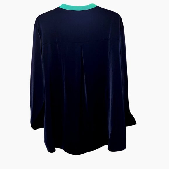 Gaharu Women's Navy/Green Retro Colorblock Faux Zip Pockets Roll Tab Blouse XXL - Picture 2 of 5